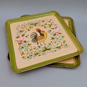 Vintage Rooster Floral Trays: Hand-Painted Papier-Mâché Country Decor (Set of Tw